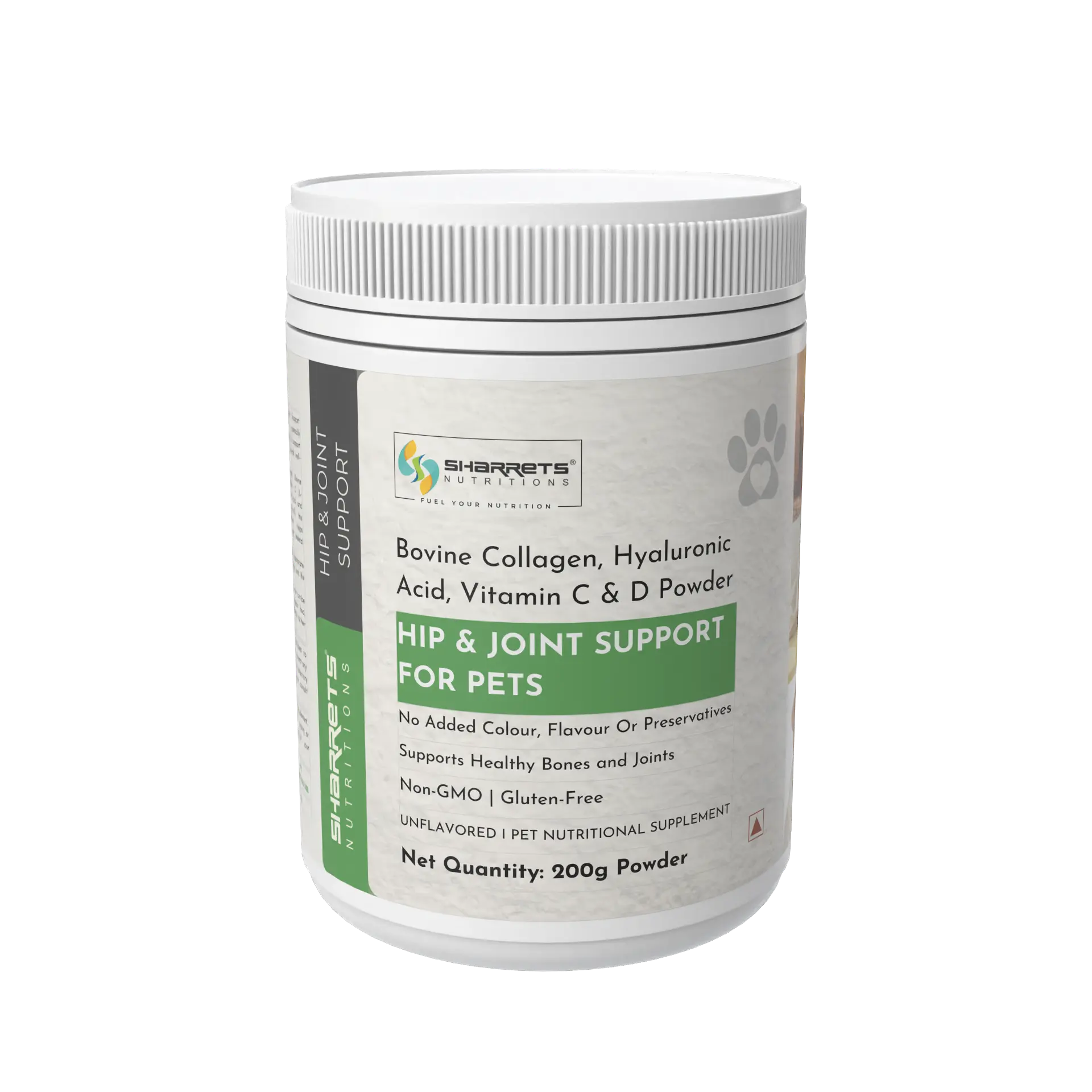 Pet supplement container labeled 'Hip & Joint Support for Pets' by Sharrets on a white background