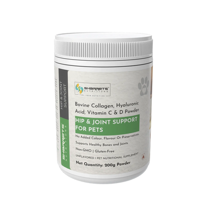 Pet supplement container labeled 'Hip & Joint Support for Pets' by Sharrets on a white background