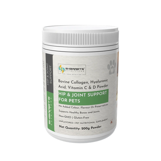 Pet supplement container labeled 'Hip & Joint Support for Pets' by Sharrets on a white background