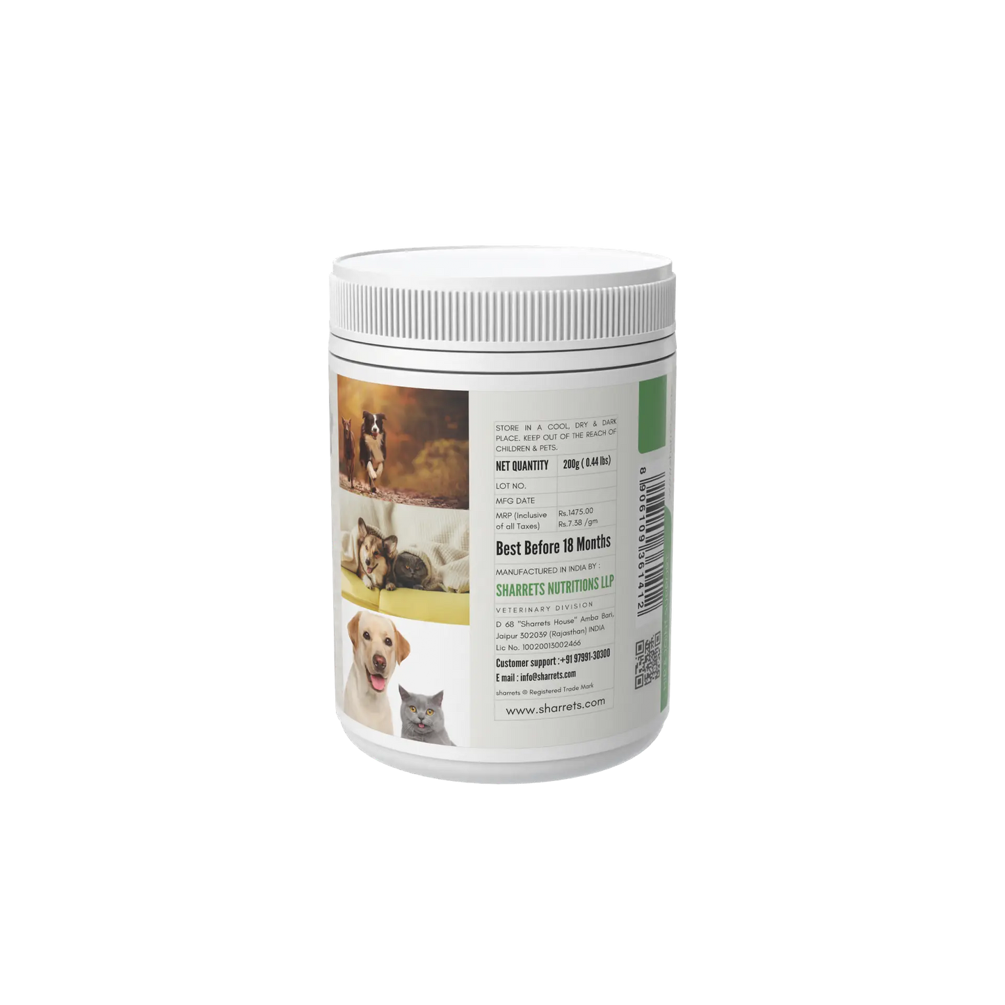 Pet supplement container with images of dogs and cats on a white background