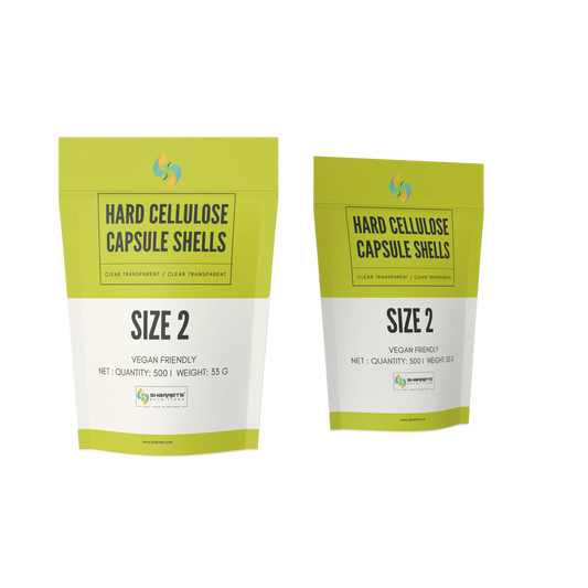 Two packages of sharrets hard cellulose capsule shells on a white background