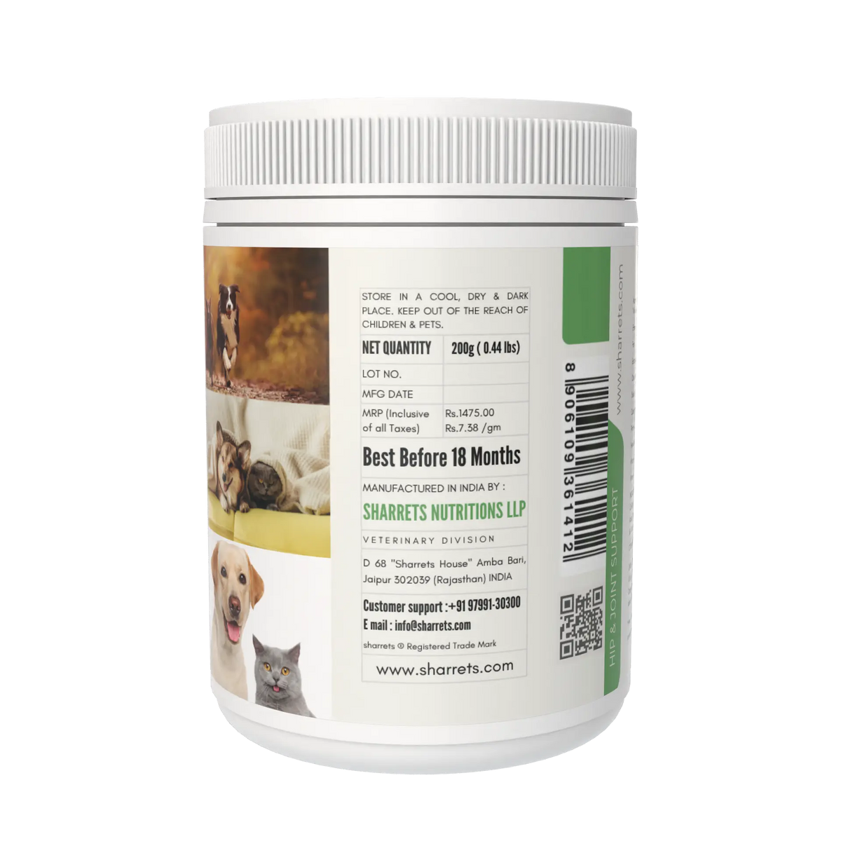 A white plastic tub of Sharrets Nutrition pet supplement with a white ribbed cap, featuring a detailed white label with text, images of dogs and cats, and a green vertical stripe on the right side.