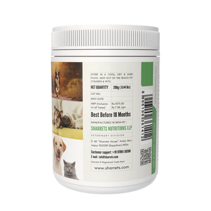 A white plastic tub of Sharrets Nutrition pet supplement with a white ribbed cap, featuring a detailed white label with text, images of dogs and cats, and a green vertical stripe on the right side.