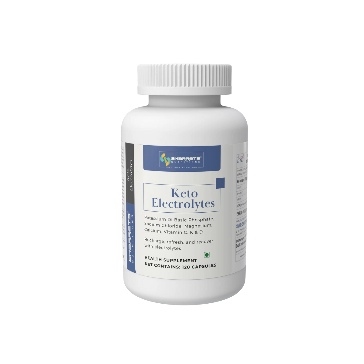 Sharrets Keto Electrolytes Health Supplement, 120 capsules, with potassium, sodium chloride, magnesium, calcium, and vitamins C, K2 and D.