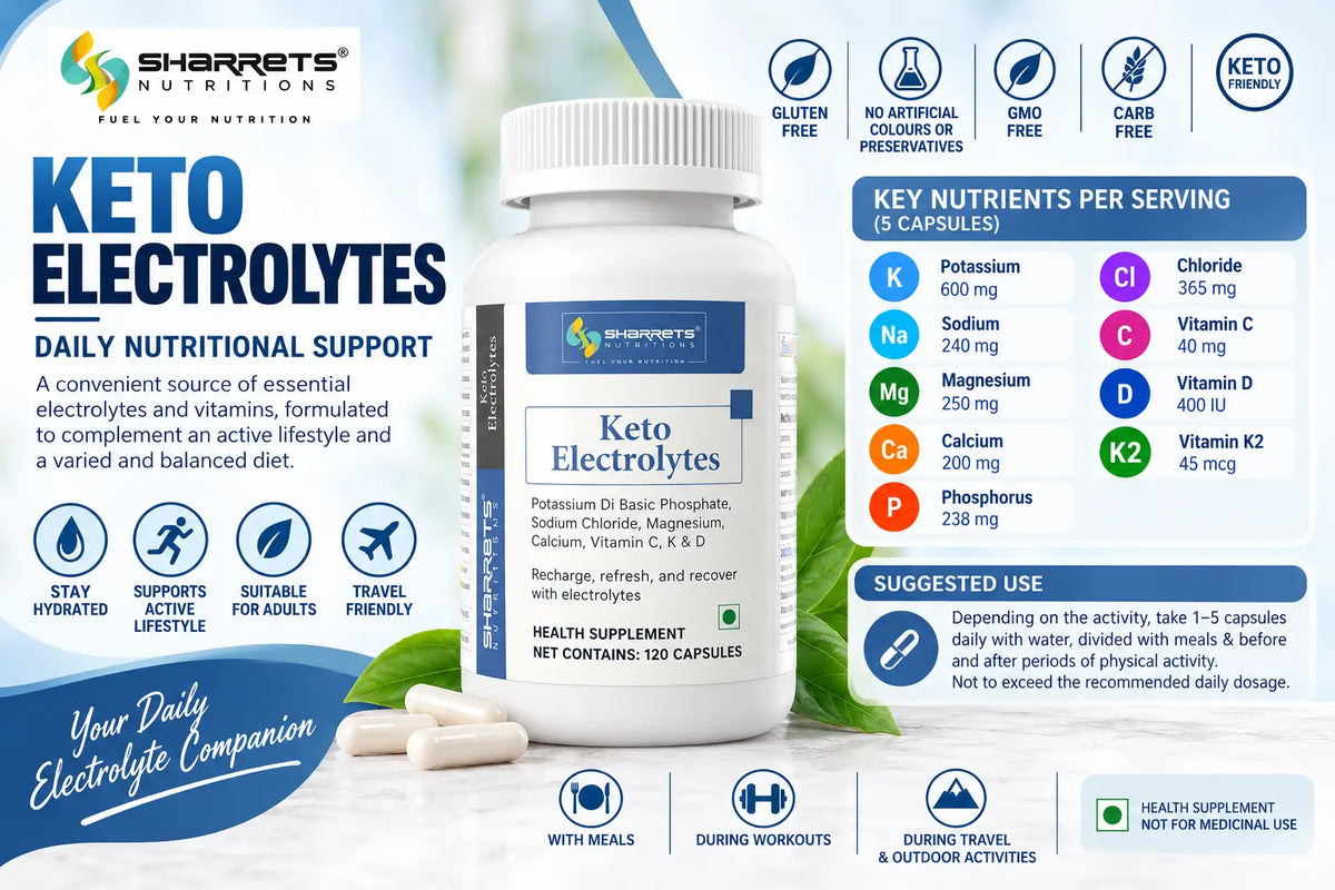 Sharrets Keto Electrolytes 120 capsules infographic showing product details, key nutrients per serving, suggested use, and product attributes.