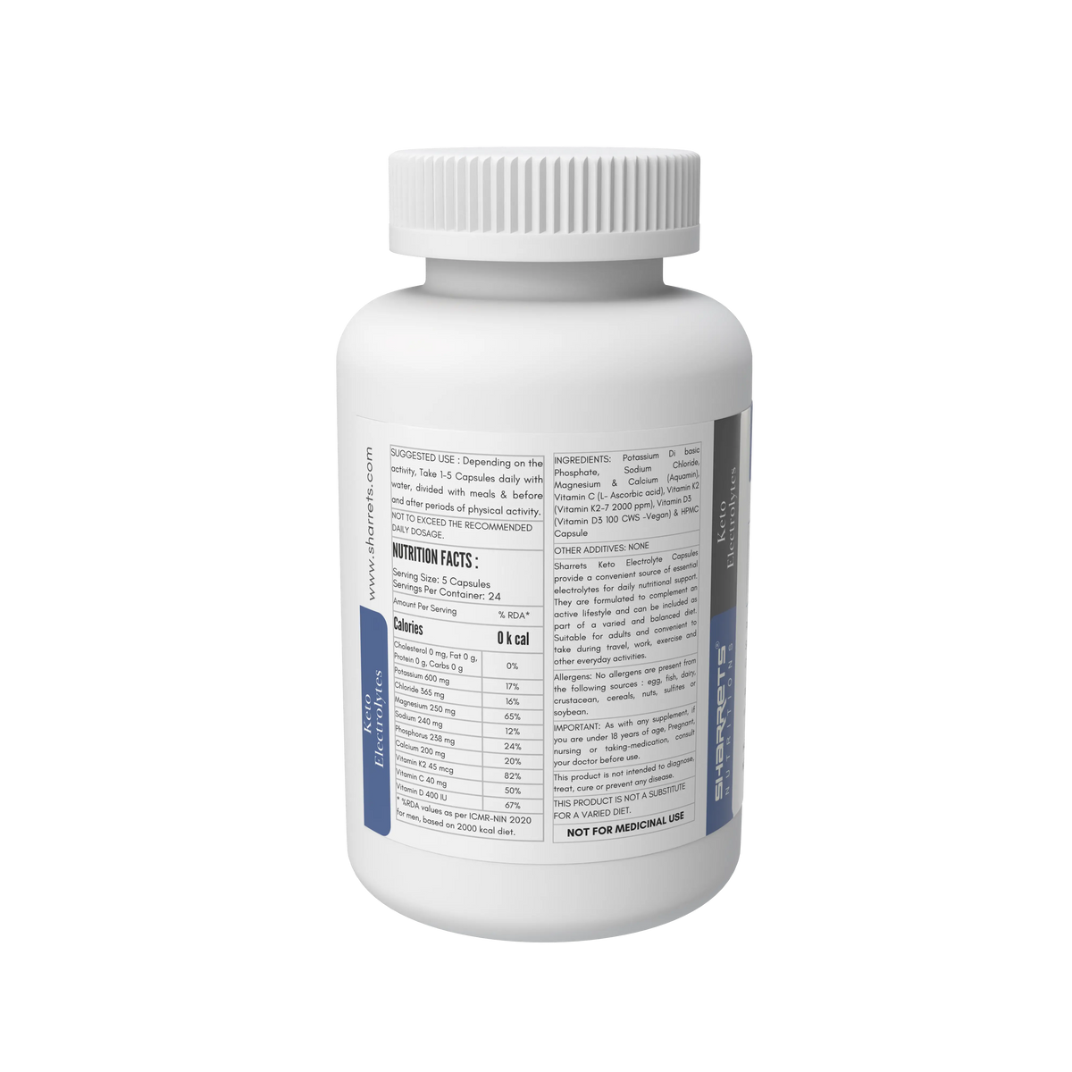 Sharrets Keto Electrolytes 120-capsule bottle showing the back label with nutrition facts, ingredients, suggested use, and product information.
