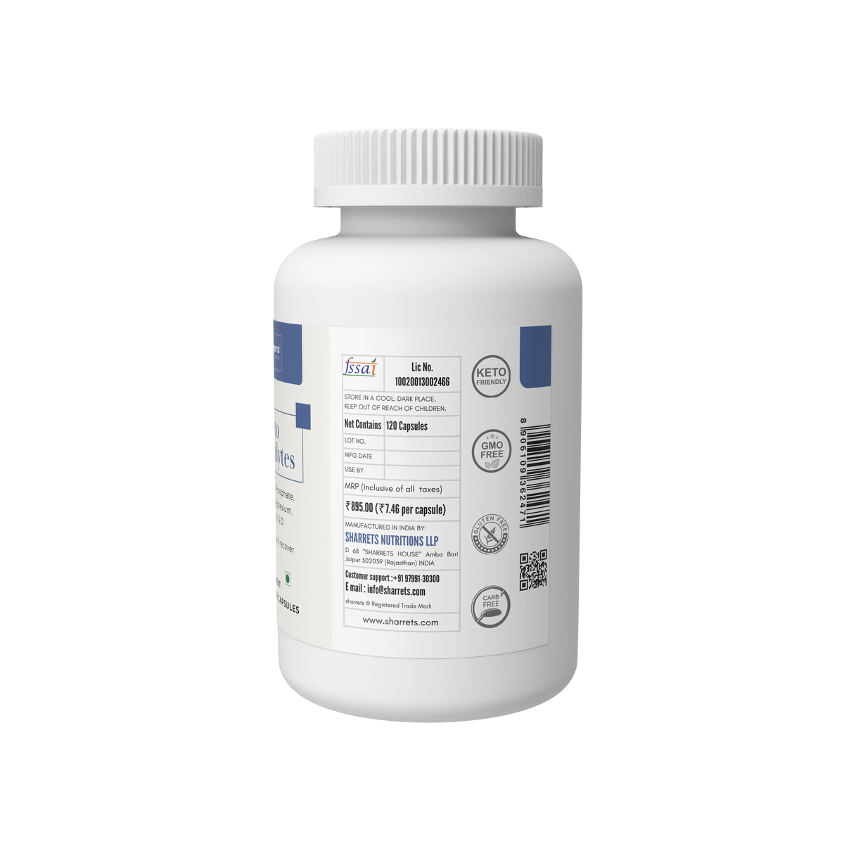 Sharrets Keto Electrolytes 120-capsule bottle showing FSSAI licence details, MRP, manufacturer information, barcode, and product symbols.