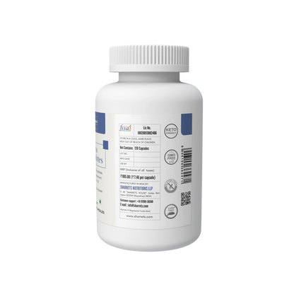 Sharrets Keto Electrolytes 120-capsule bottle showing FSSAI licence details, MRP, manufacturer information, barcode, and product symbols.