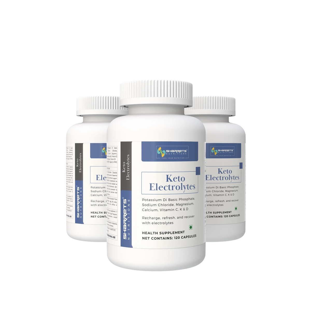 Three Sharrets Keto Electrolytes 120-capsule bottles displayed together, showing the front product labels.