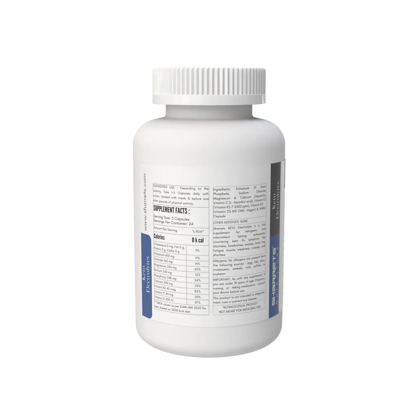 White supplement bottle with label on a white background - Sharrets Keto Electrolytes Capsules - Balance Your Ketogenic Journey