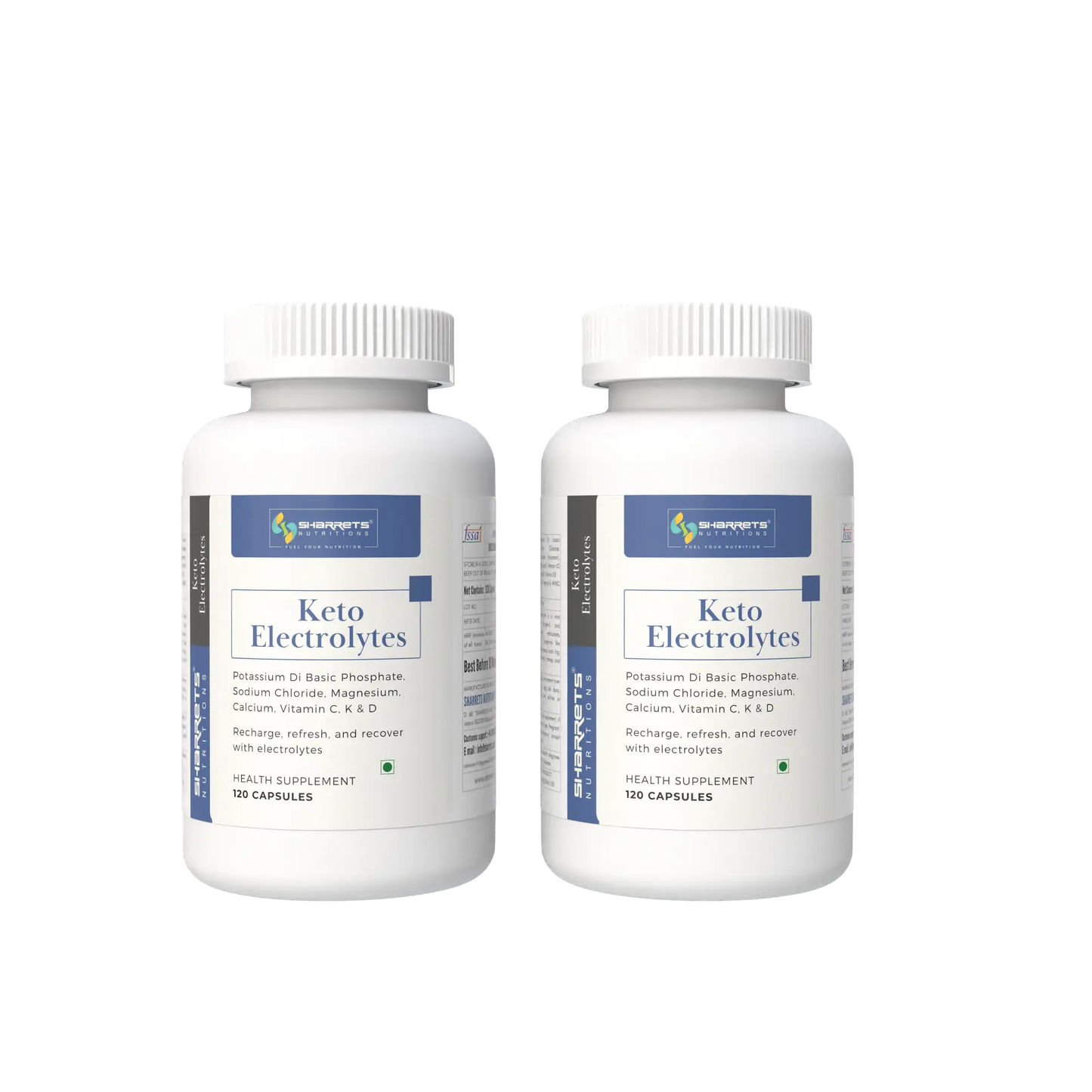 Two bottles of Keto Electrolytes on a white background - Sharrets Keto Electrolytes Capsules - Balance Your Ketogenic Journey