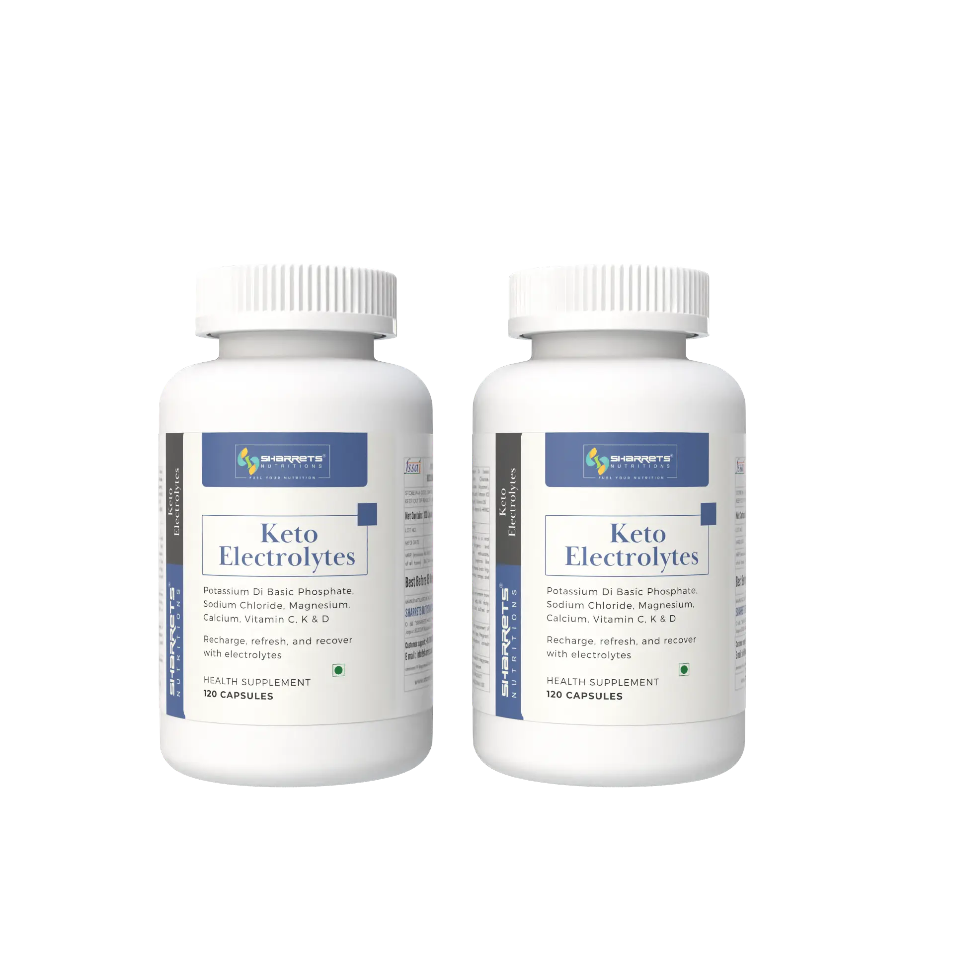 Two bottles of Keto Electrolytes on a white background - Sharrets Keto Electrolytes Capsules - Balance Your Ketogenic Journey