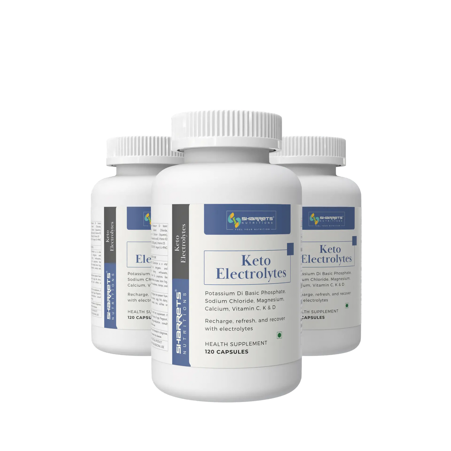 Three bottles of Keto Electrolytes health supplement on a white background