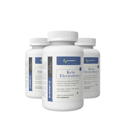 Three bottles of Keto Electrolytes health supplement on a white background