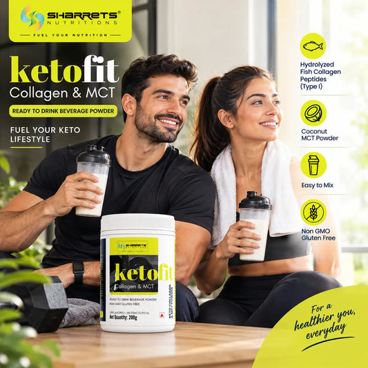 Sharrets Nutrition ketofit Collagen & MCT powder shown in a lifestyle setting with a man and woman holding shaker bottles, with product features listed on the right.