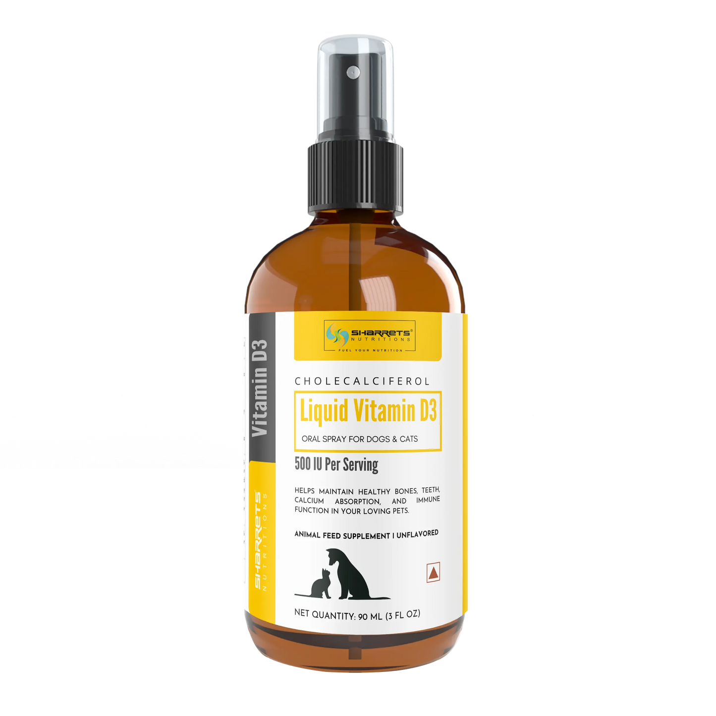 Bottle of Sharrets Vitamin D3 liquid spray for pets on a white background