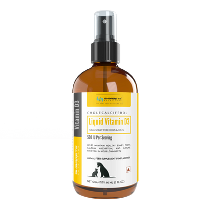 Bottle of Sharrets Vitamin D3 liquid spray for pets on a white background