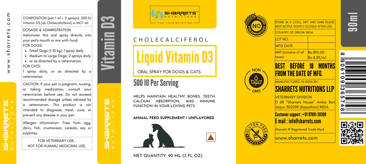 Vitamin D3 Oral Spray for Dogs & Cats – 500 IU I Sharrets