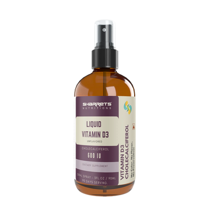 Brown bottle of Sharrets Nutritions Liquid Vitamin D3 on a white background