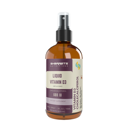 Brown bottle of Sharrets Nutritions Liquid Vitamin D3 on a white background