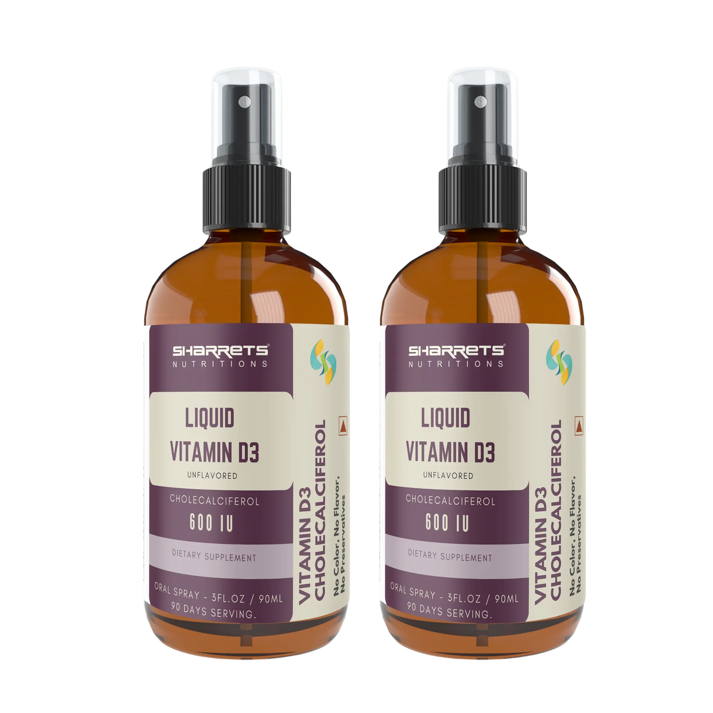 Two bottles of Sharrets Nutritions Liquid Vitamin D3 on a white background