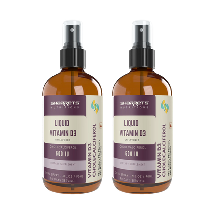 Two bottles of Sharrets Nutritions Liquid Vitamin D3 on a white background