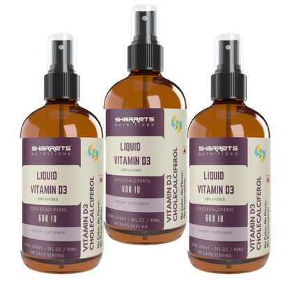 Three bottles of Sharrets Nutritions Liquid Vitamin D3 on a white background