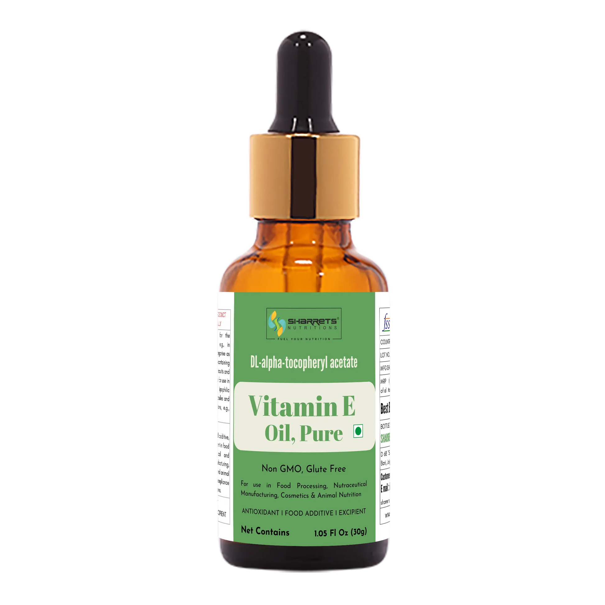 sharrets Vitamin E oil dropper bottle with green label on a white background