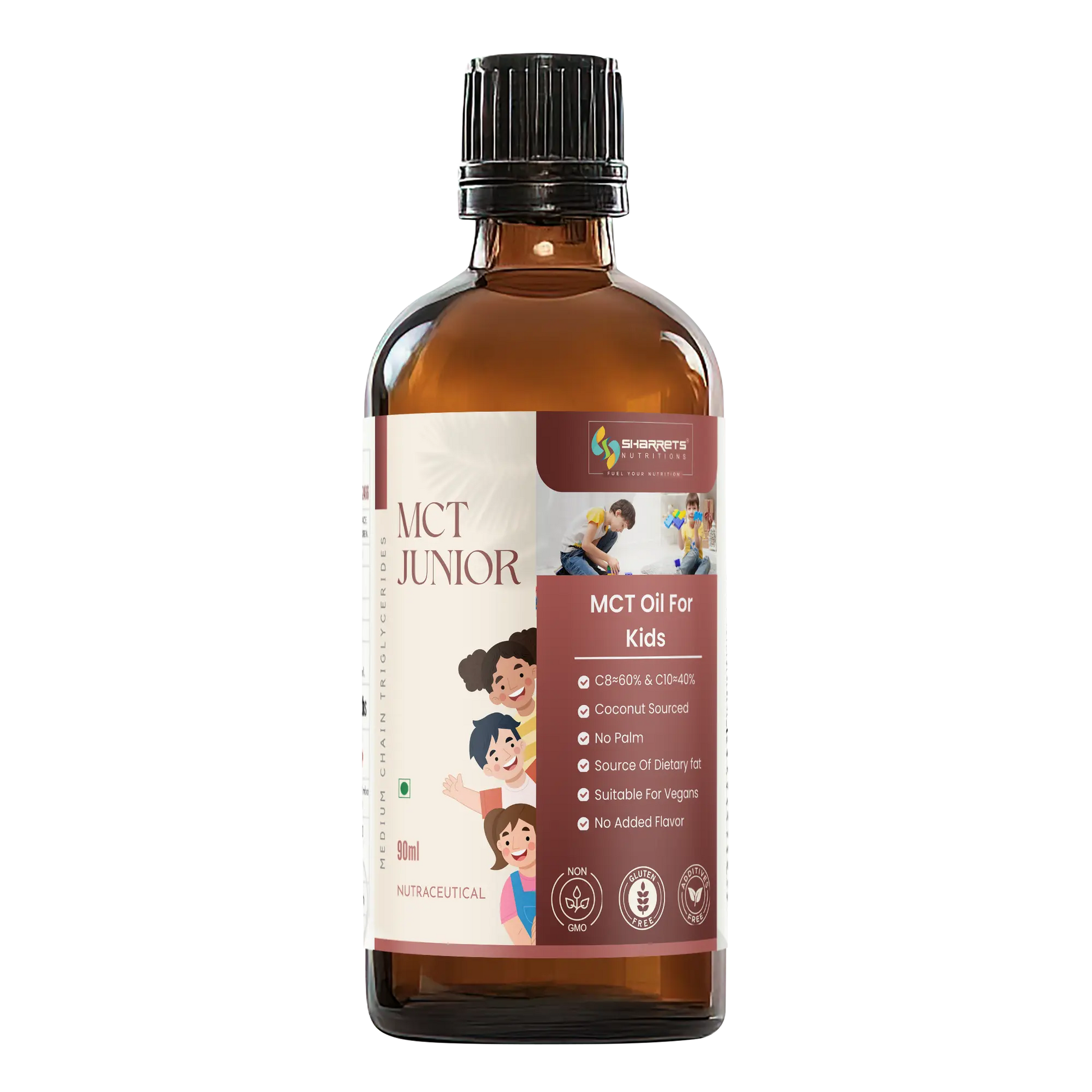 Bottle of MCT Junior oil for kids on a white background