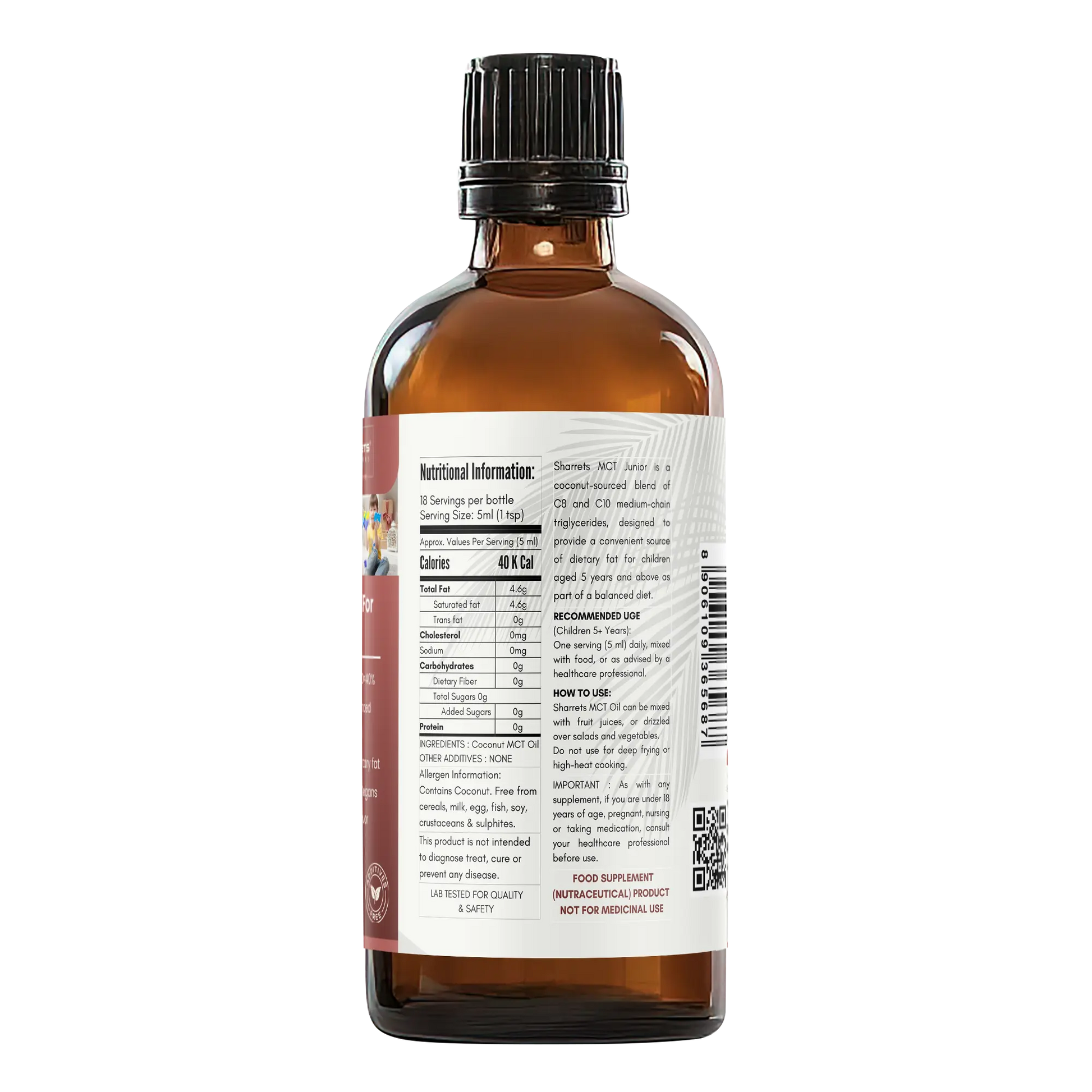 Bottle of liquid supplement with nutritional information label on a white background