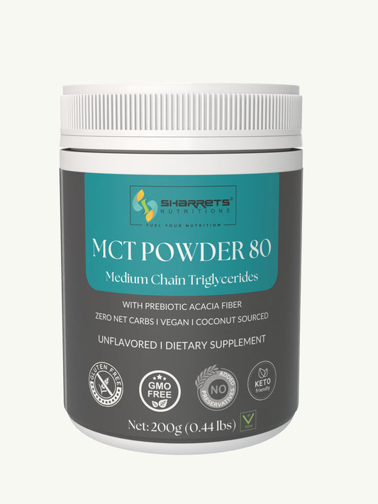 Sharrets MCT Powder 80 supplement container on a white background