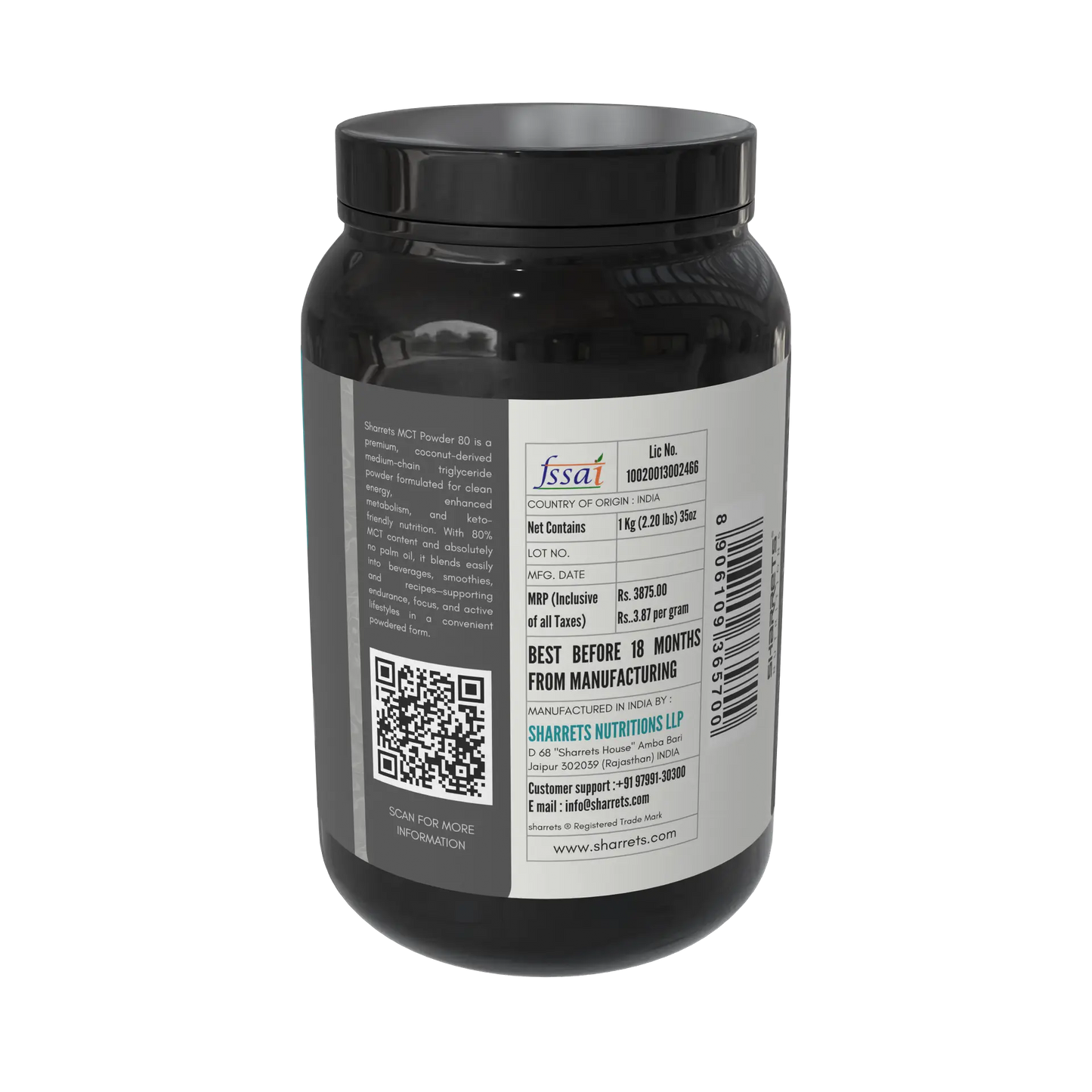 Black supplement container with label on a white background - sharrets nutritions mct powder 80