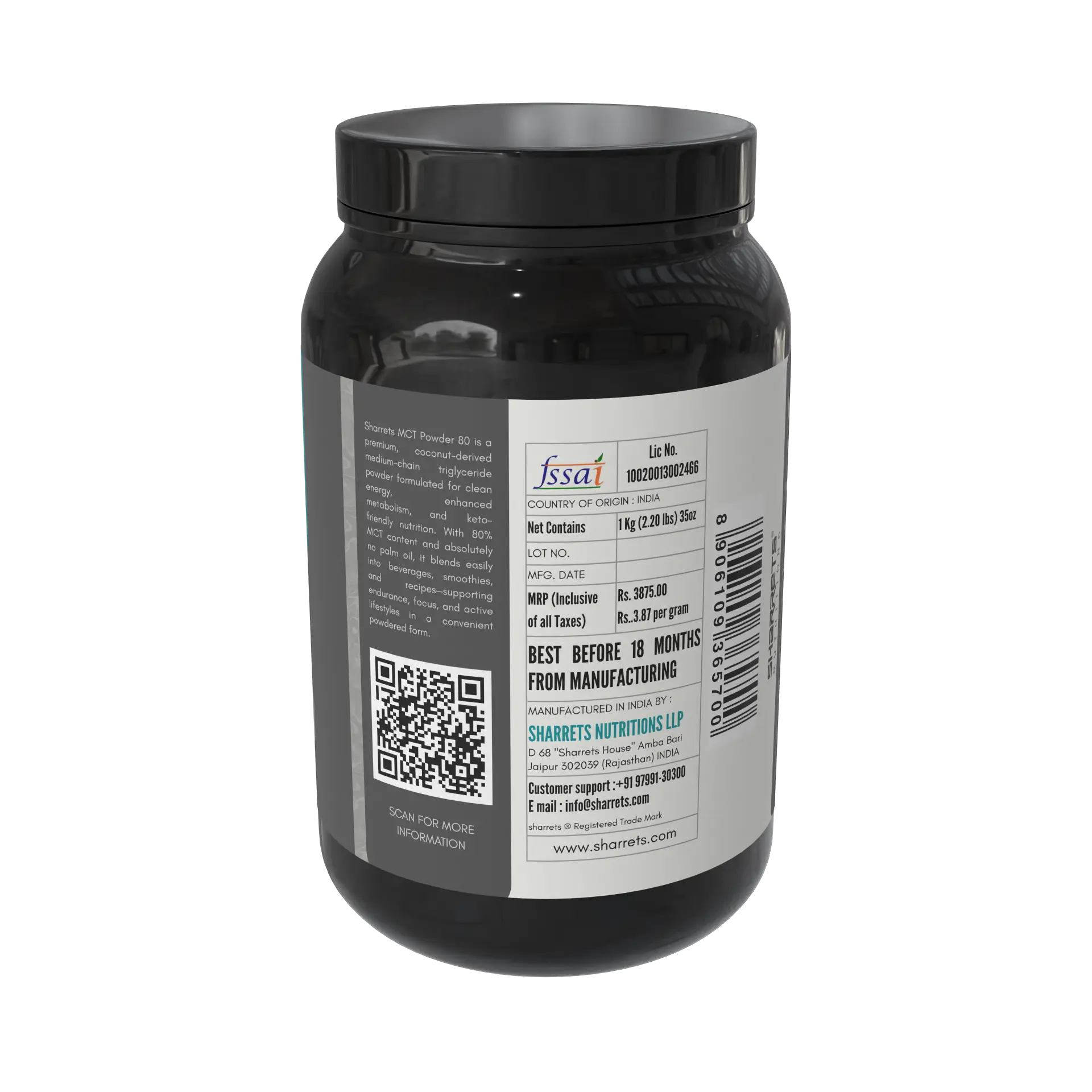 Black supplement container with label on a white background - sharrets nutritions mct powder 80