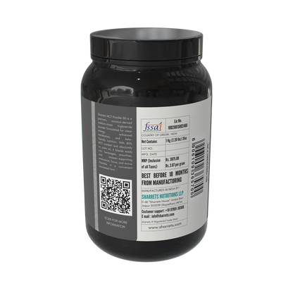 Black supplement container with label on a white background - sharrets nutritions mct powder 80