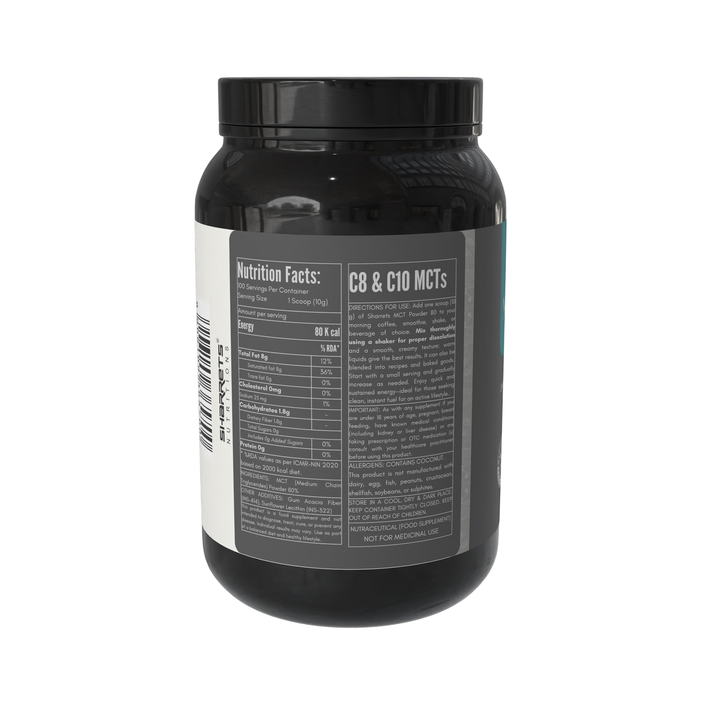 Black supplement container with nutrition facts label on a white background - sharrets nutritions mct powder 1kg - 80%