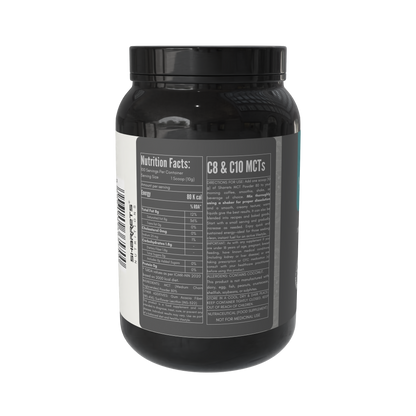 Black supplement container with nutrition facts label on a white background - sharrets nutritions mct powder 1kg - 80%