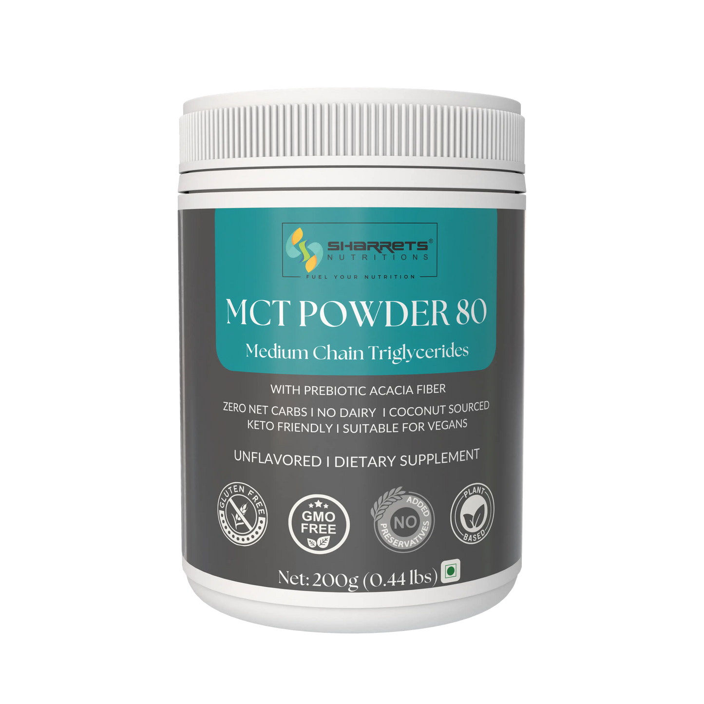 Jar of MCT Powder 80 with Sharrets Nutritions branding on a white background