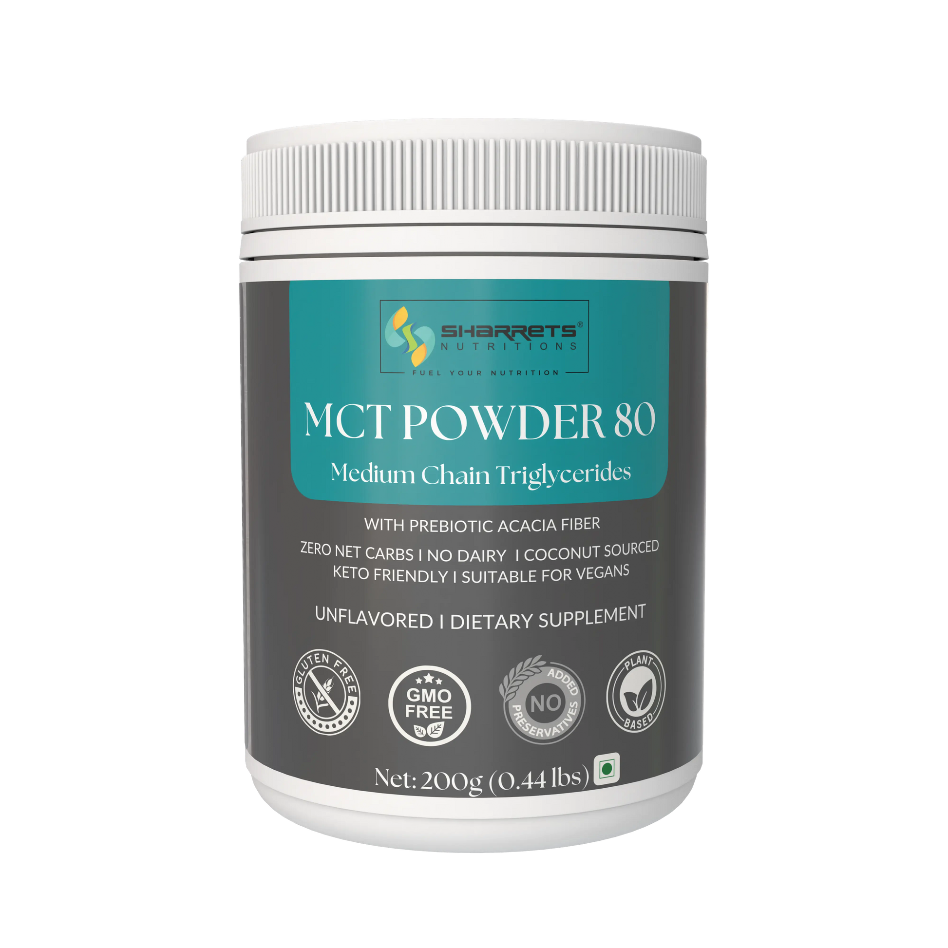 Jar of MCT Powder 80 with Sharrets Nutritions branding on a white background