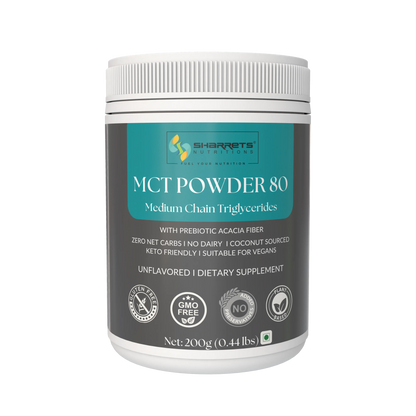 Jar of MCT Powder 80 with Sharrets Nutritions branding on a white background