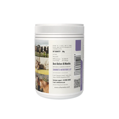 A white plastic tub of Sharrets nutritions supplement, showing the back label with text, a barcode, QR code, and photos of cows and sheep.