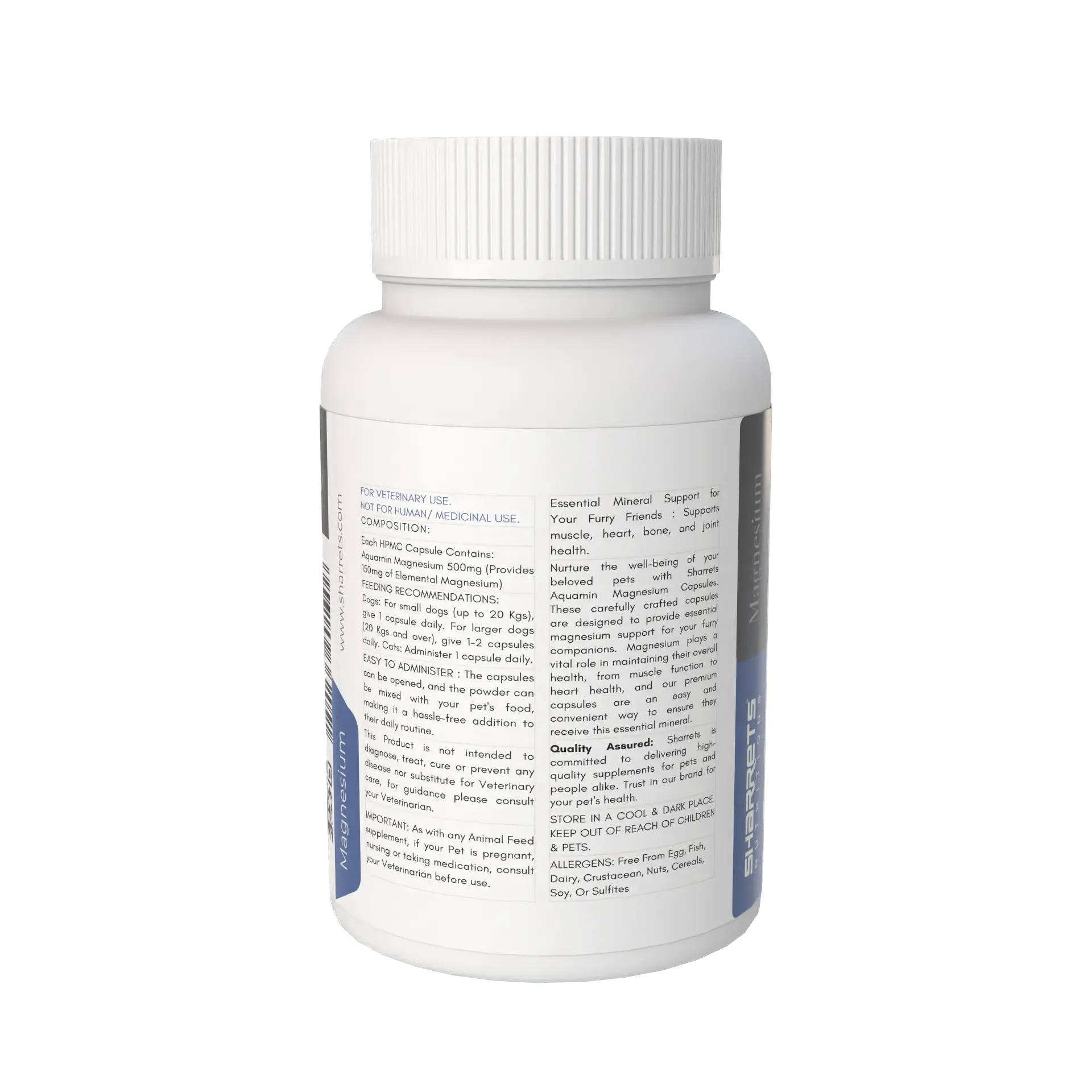 White supplement bottle with text on a white background - Aquamin Magnesium Capsules Pets