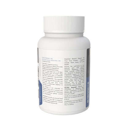 White supplement bottle with text on a white background - Aquamin Magnesium Capsules Pets