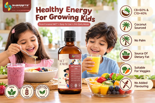 Sharrets MCT Junior Liquid for Kids 90 ml – coconut-sourced MCT liquid featuring C8 60% and C10 40% medium-chain triglycerides. The product bottle is displayed between two happy children enjoying breakfast with fruit smoothies, fresh fruit, cereal and juice in a bright kitchen setting. The image highlights coconut-sourced MCT, palm-free formulation, source of dietary fat, suitability for vegetarian diets, and no added flavouring. Non-GMO, gluten-free and additive-free product features are also illustrated. 
