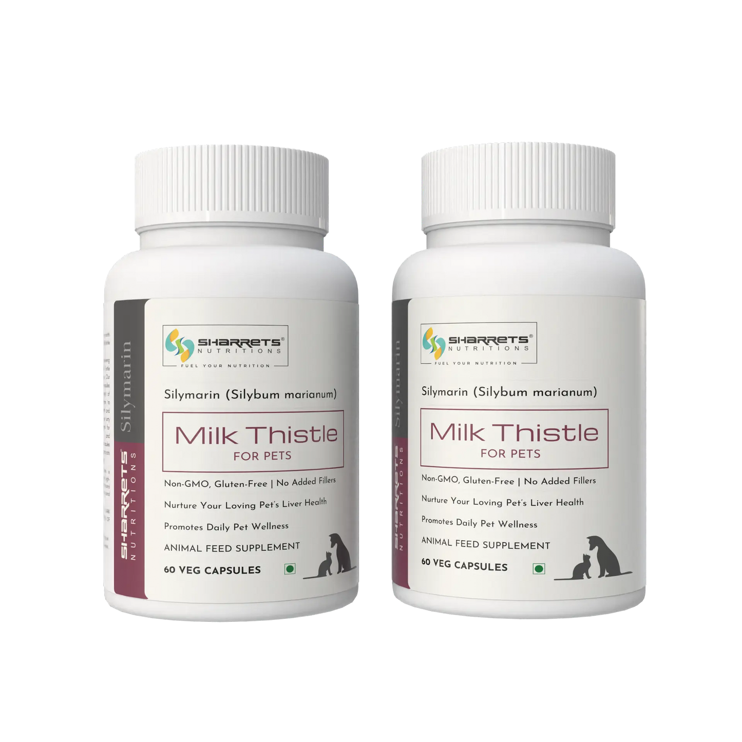 Two bottles of Sharrets Milk Thistle for pets on a white background