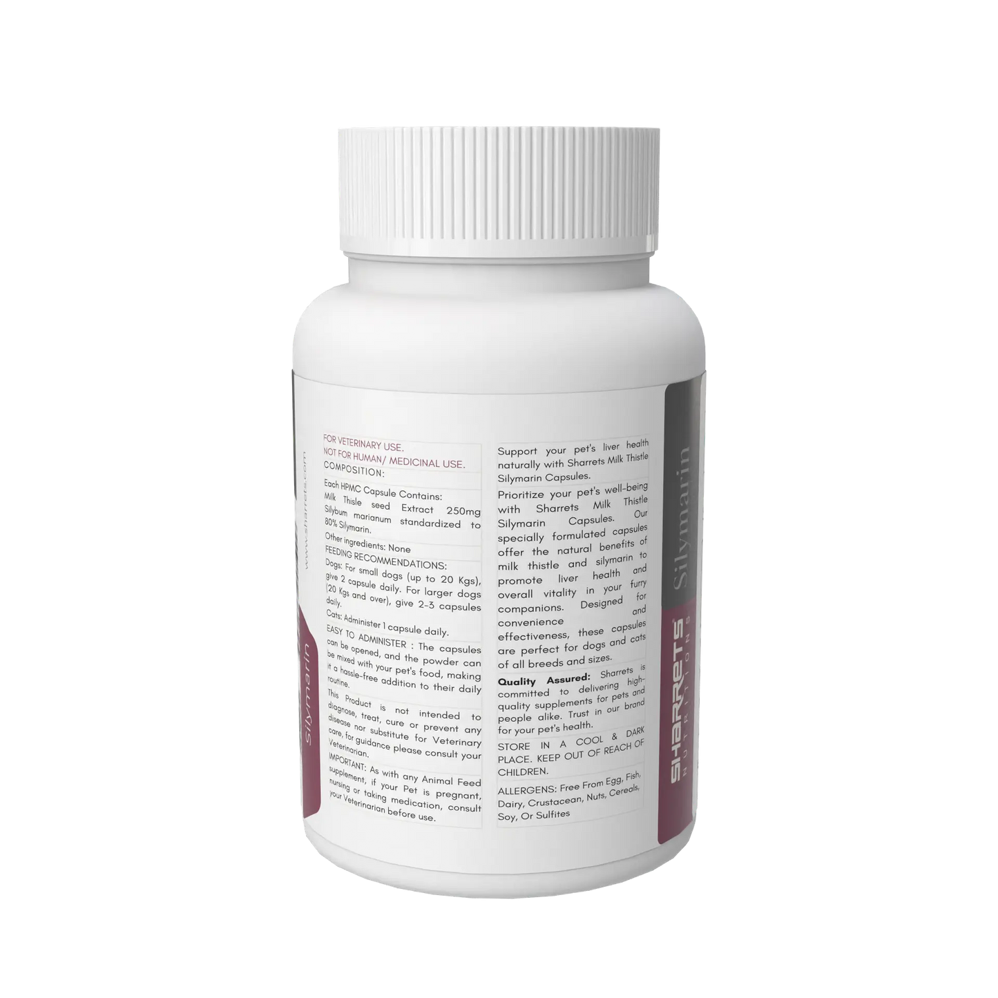 White supplement bottle with label on a white background - Sharrets Milk Thistle Capsules for Pets