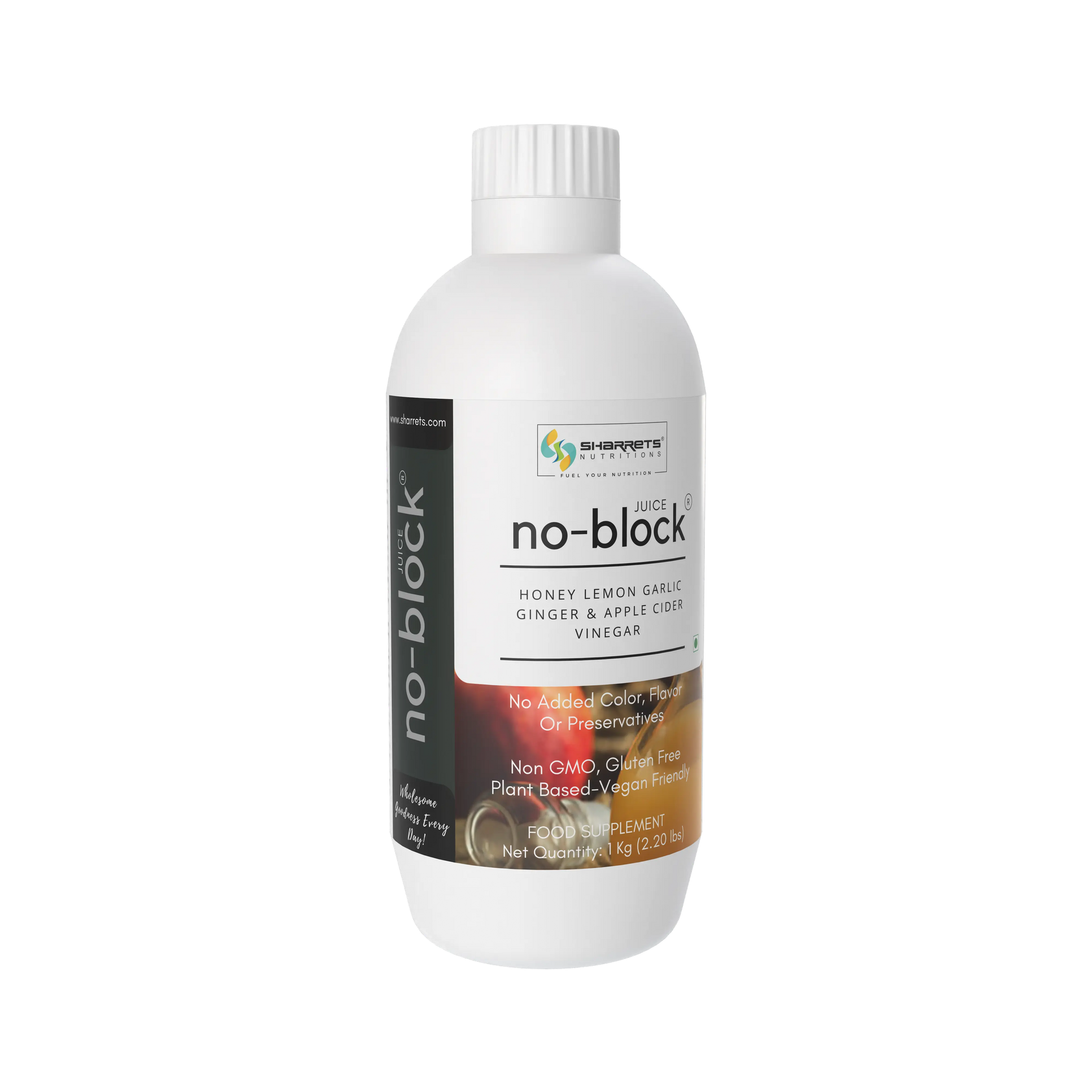 Bottle of sharrets  'no-block' juice on a white background