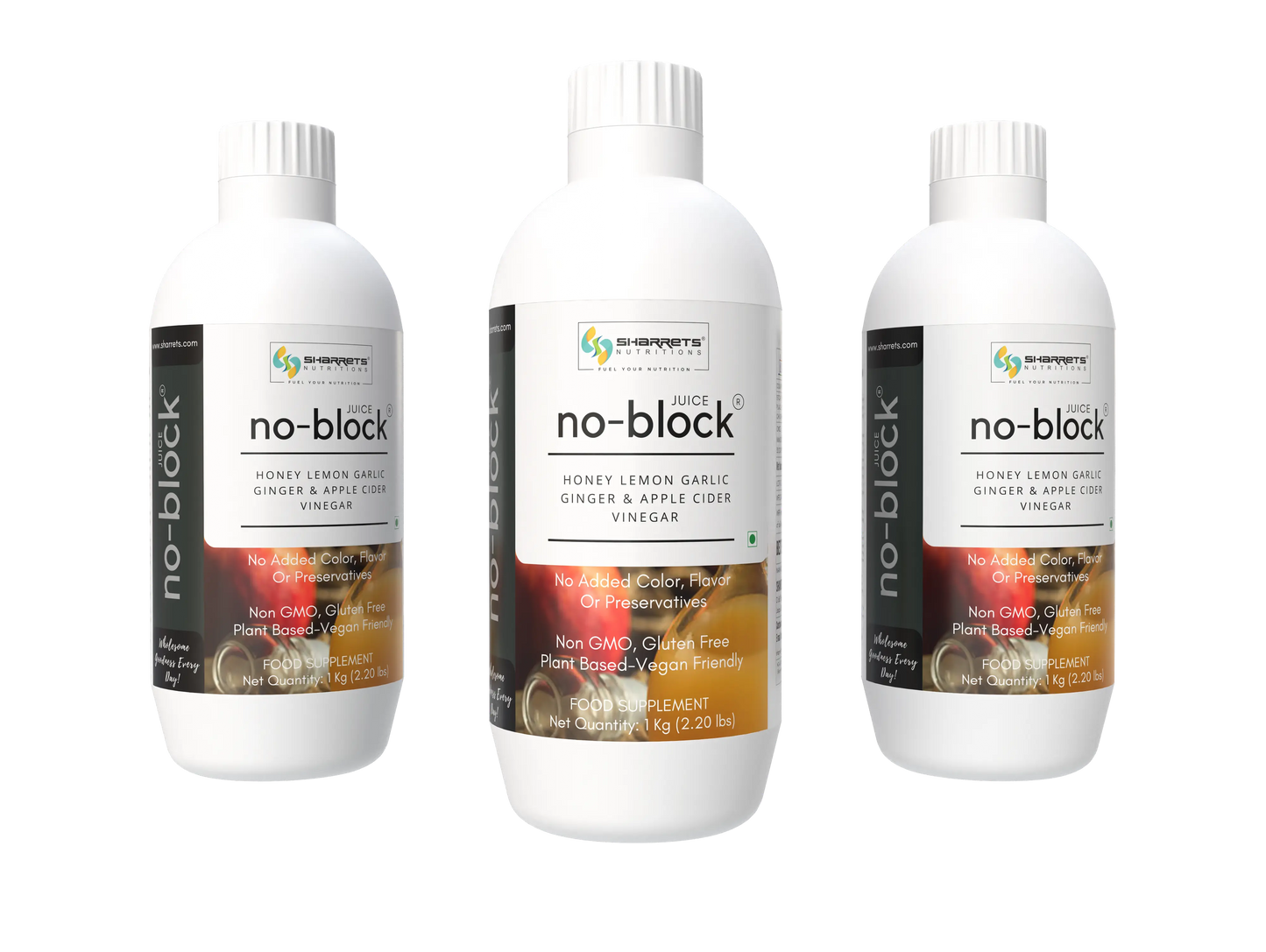 Three bottles of sharrets 'no-block' supplement on a white background