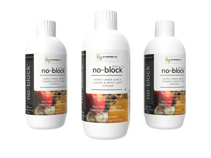 Three bottles of sharrets 'no-block' supplement on a white background
