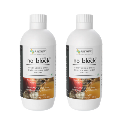 Two bottles of sharrets 'no-block' juice supplement on a white background