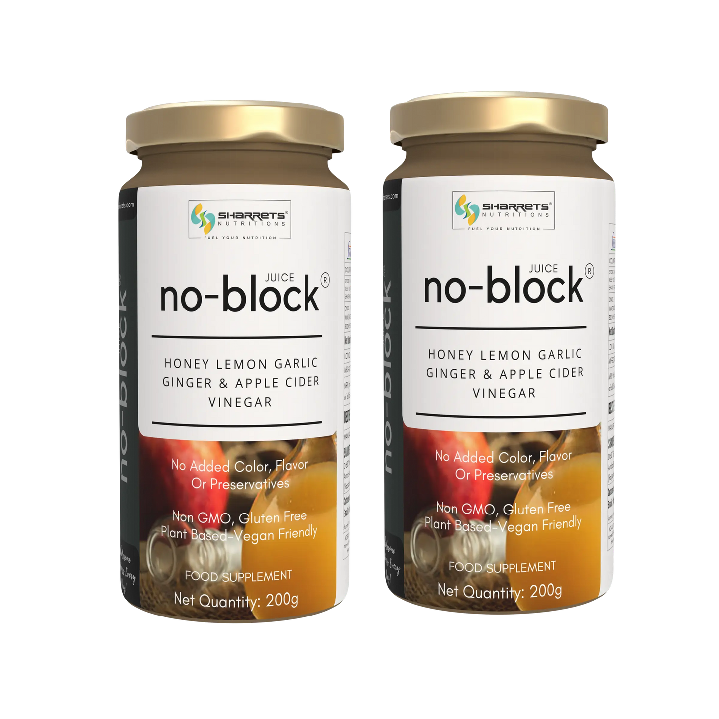 Two bottles of sharrets no-block' juice supplement on a white background